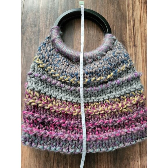Handknit Purple Blue 13x10 Lined Wood Circle Handle Purse Boho Cottagecore - Picture 8 of 9